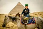 Sunset horse ride Giza Pyramids Cairo — Arabian horse at golden hour
